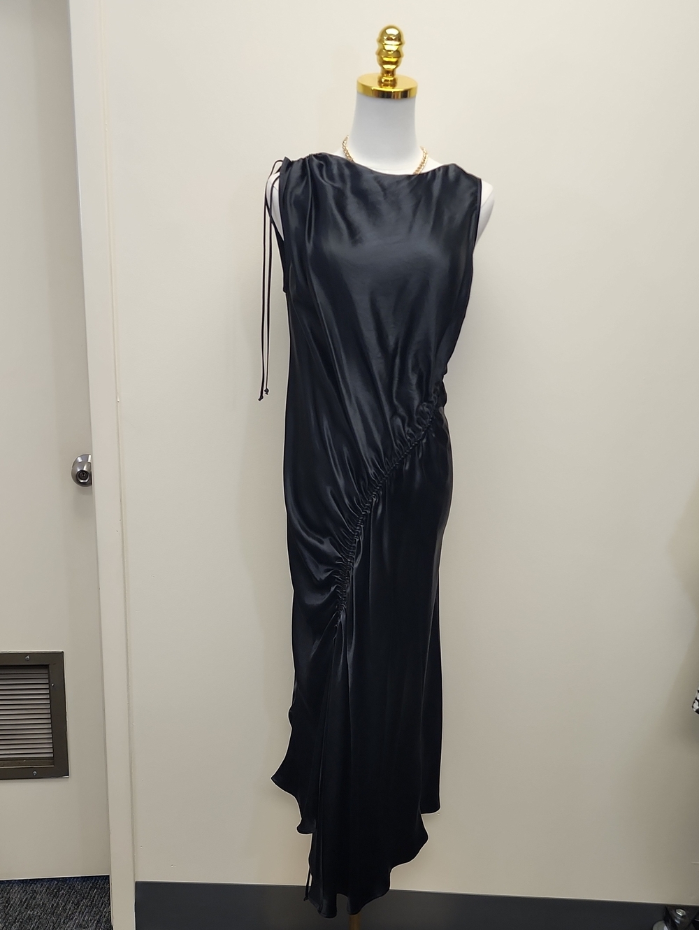Shaina Mote Black Ruched Asymmetrical Satin Dress Size Medium NWT